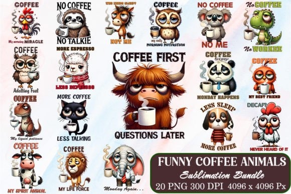 Funny Coffee Animals Sublimation Bundle | Cute & Caffeinated Designs