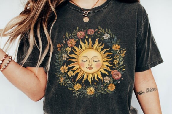 Celestial Sun Vintage Cottage PNG Set | Boho Sun and Moon Illustrations for Crafting