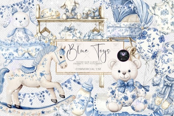 Toile Nursery Clipart Chinoiserie Blue - Elegant & Classic Design