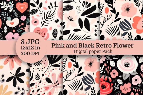 Pink Black Retro Flower Digital Paper - Bold & Stylish Floral Patterns