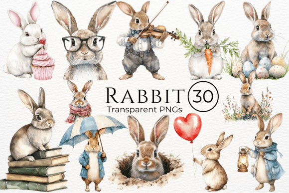 Rabbit Watercolor Cliparts - Charming & Hand-painted Designs