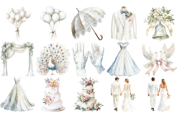 White Wedding Watercolor Cliparts – Elegant Floral Designs for Invitations & DIY Projects