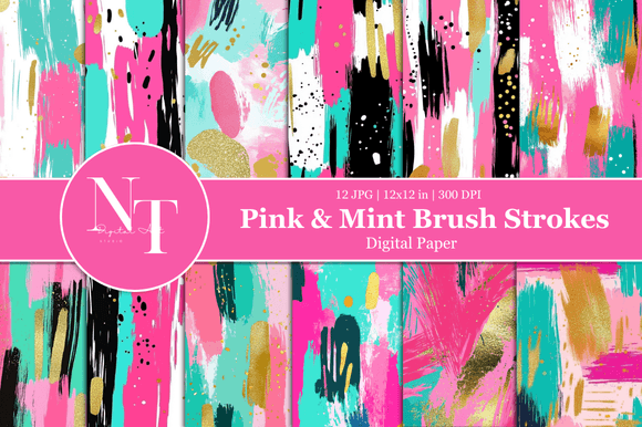 Pink & Mint Brush Strokes Digital Paper – Elegant Hand-Painted Backgrounds