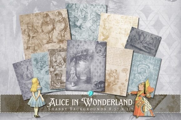 Alice in Wonderland Shabby Backgrounds - Whimsical Vintage Designs for Crafting