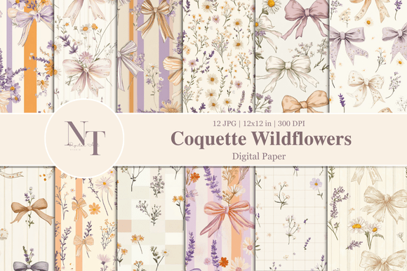 Coquette Wildflowers Digital Paper - Elegant Floral Patterns for Crafts