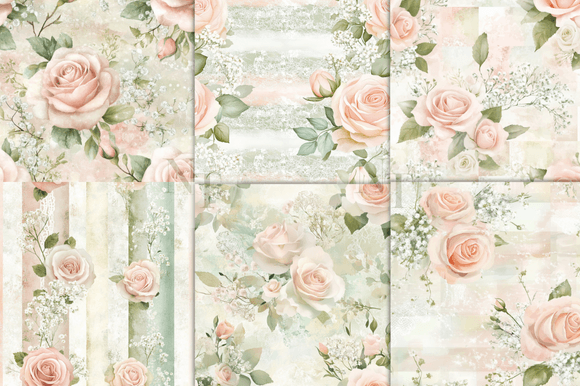 Sage Green & Pink Rose Digital Paper - Elegant Floral Designs for Crafts