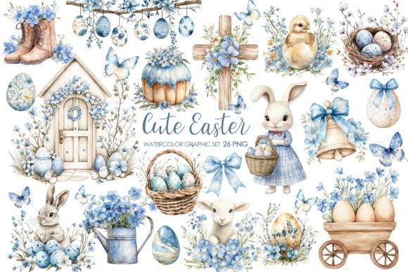 Watercolor Blue Easter Clipart PNG | Elegant Holiday Artwork