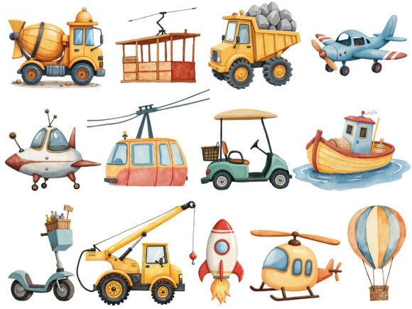 Watercolor Cute Transport Clipart | Car & Airplane PNG Set
