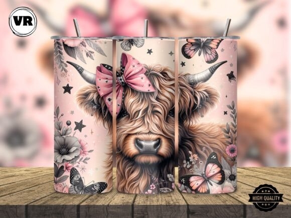 Pink Floral Highland Cow Tumbler Wrap – Charming Design for Custom Tumblers