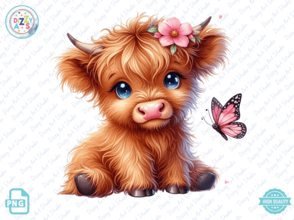 Cute Cartoon Highland Cow Butterfly Clip | Adorable & Fun Clip Art Design