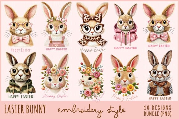 Easter Bunny Bundle PNG Embroidery Style | Cute & Customizable Designs for Crafts