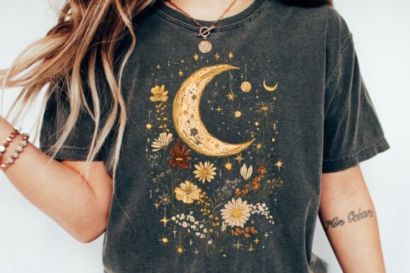 Celestial Moon Boho Flowers Vintage PNG – Bohemian-Inspired Design for DIY Projects