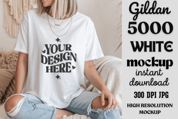 Gildan 5000 White T-Shirt Mockup – Realistic Design Template for Custom Apparel