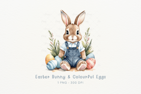 Watercolor Easter Bunny & Colourful Eggs